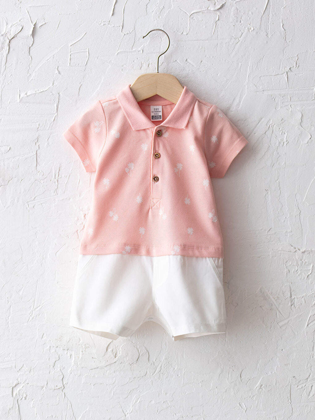 Pink Polo Collar Color Block and Printed Baby Boy Cotton Overalls