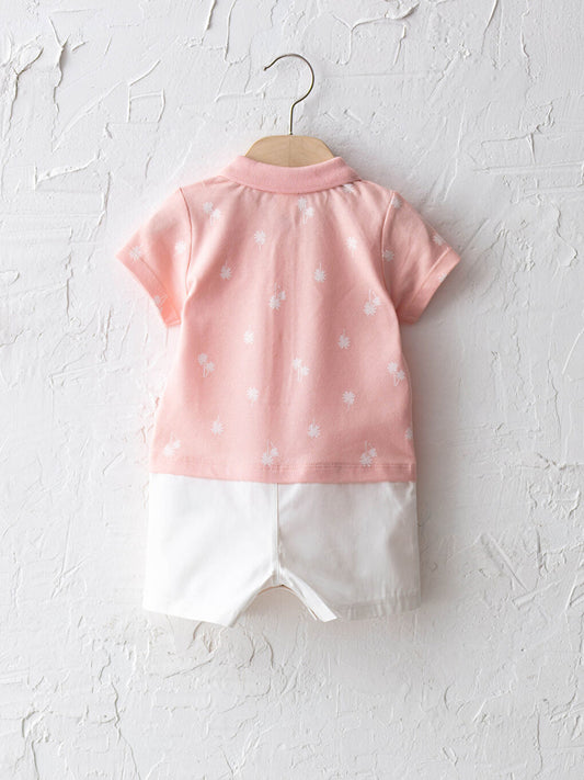 Pink Polo Collar Color Block and Printed Baby Boy Cotton Overalls