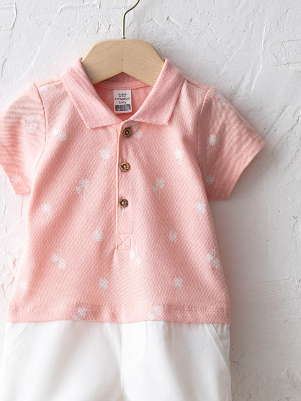 Pink Polo Collar Color Block and Printed Baby Boy Cotton Overalls