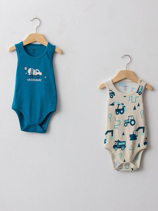 Blue Crew Neck Printed Cotton Baby Boy Snap Bodysuit 2-Pack