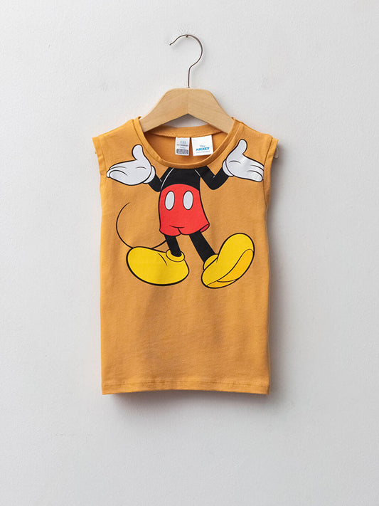 Yellow Crew Neck Mickey Mouse Printed Cotton Baby Boy Tank Top