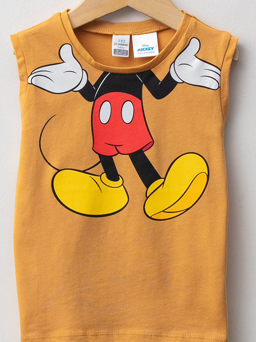 Yellow Crew Neck Mickey Mouse Printed Cotton Baby Boy Tank Top