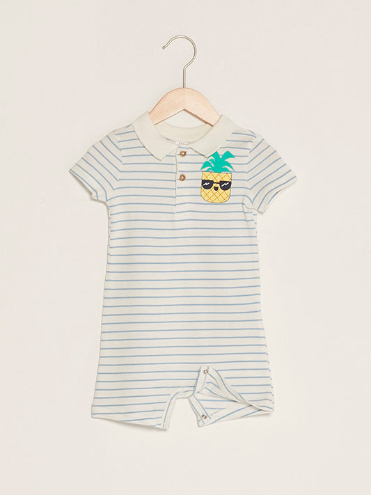 Ecru Polo Neck Short Sleeve Striped Baby Boy Jumpsuit