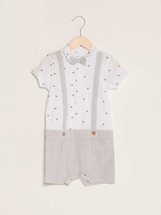 White Shirt Collar Short Sleeve Printed Baby Boy Jumpsuit