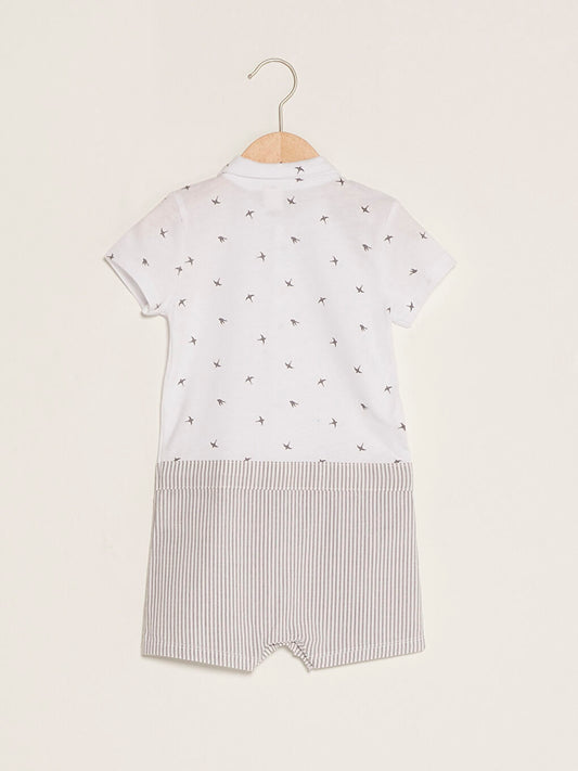 White Shirt Collar Short Sleeve Printed Baby Boy Jumpsuit