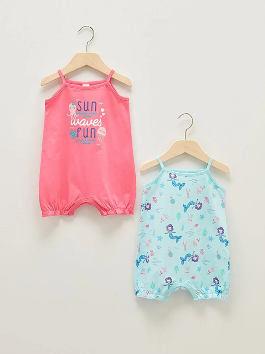 Pink Square Neck Strap Printed Baby Girl Jumpsuit 2-Pack