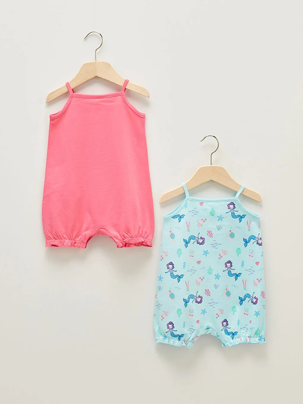 Pink Square Neck Strap Printed Baby Girl Jumpsuit 2-Pack