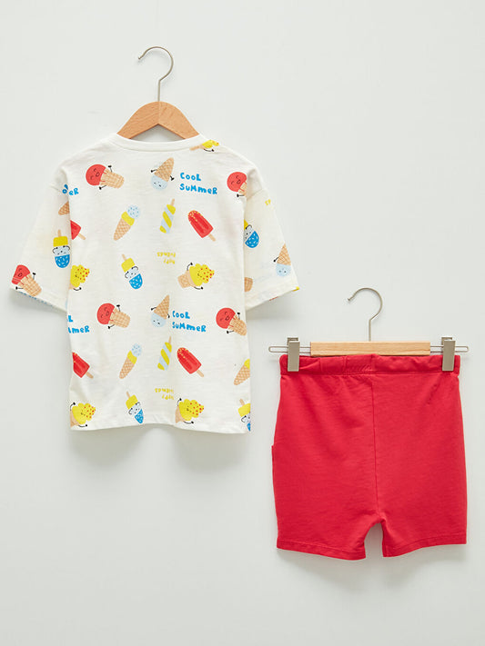 LC Waikiki Ecru Crew Neck Short Sleeve Printed Baby Boy T-Shirt and Shorts 2-Piece Set