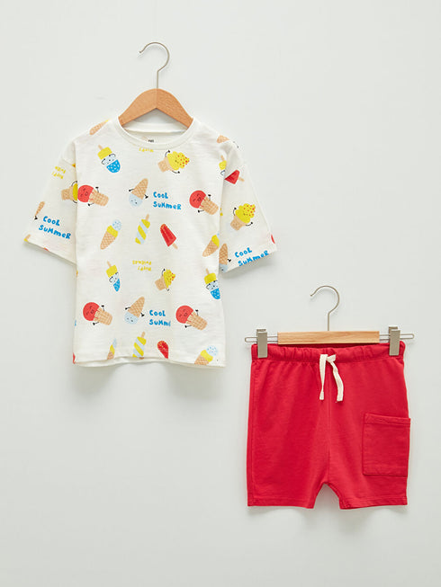 LC Waikiki Ecru Crew Neck Short Sleeve Printed Baby Boy T-Shirt and Shorts 2-Piece Set