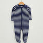 Ecru V Neck Long Sleeve Striped Cotton Baby Boy Jumpsuit