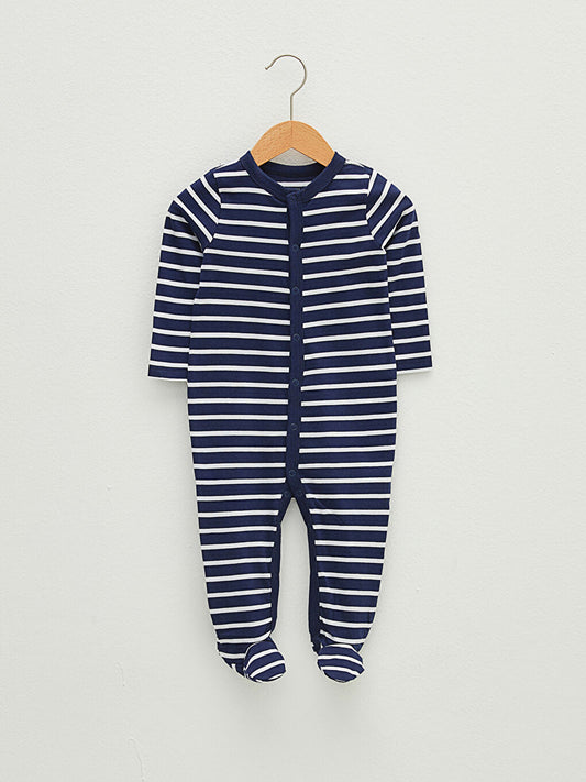 Ecru V Neck Long Sleeve Striped Cotton Baby Boy Jumpsuit