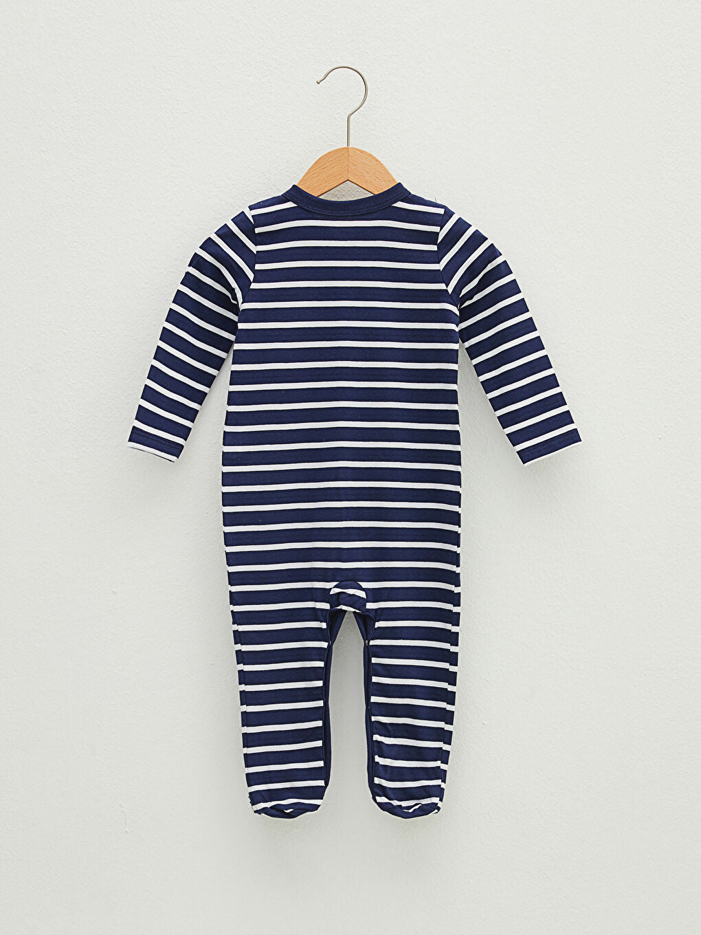 Ecru V Neck Long Sleeve Striped Cotton Baby Boy Jumpsuit