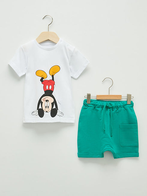 LC Waikiki White Crew Neck Short Sleeve Mickey Mouse Printed Baby Boy T-Shirt and Shorts 2-Piece Set