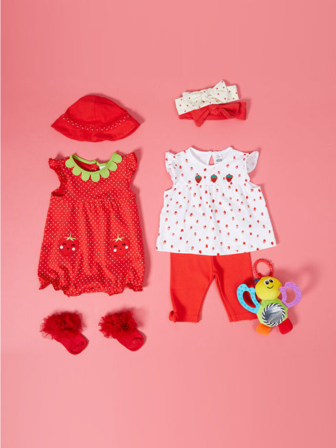 LC Waikiki Crew Neck Short Sleeve Printed Baby Girl Jumpsuit and Hat 2-Piece Set