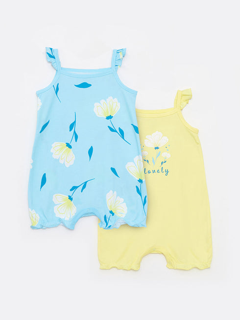 LC Waikiki Yellow Square Neck Strap Printed Cotton Baby Girl Jumpsuit 2-Pack