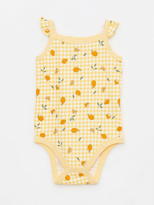 LC Waikiki Yellow Square Neck Strappy Cotton Printed Baby Girl Snap Bodysuit 2-Pack