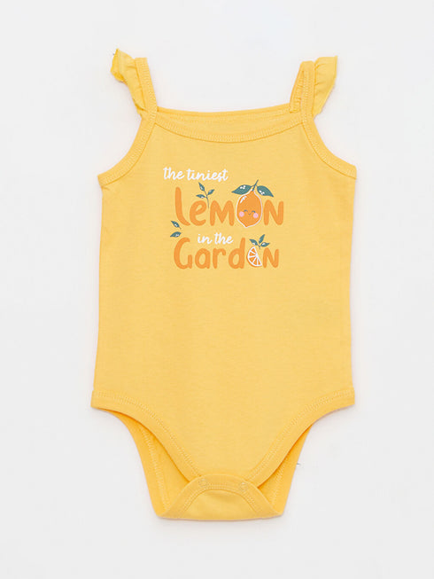 LC Waikiki Yellow Square Neck Strappy Cotton Printed Baby Girl Snap Bodysuit 2-Pack