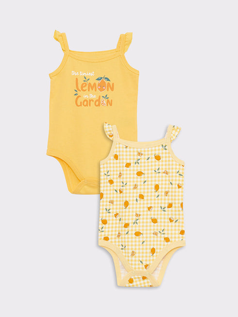 LC Waikiki Yellow Square Neck Strappy Cotton Printed Baby Girl Snap Bodysuit 2-Pack