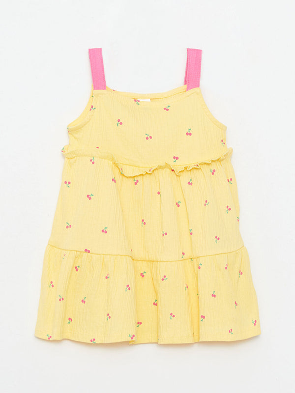 LC Waikiki Yellow Square Neck Strap Printed Baby Girl Dress