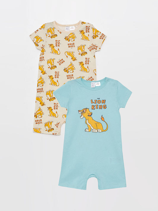 Turquoise Crew Neck Short Sleeve Lion King Printed Baby Boy Jumpsuit 2-Pack