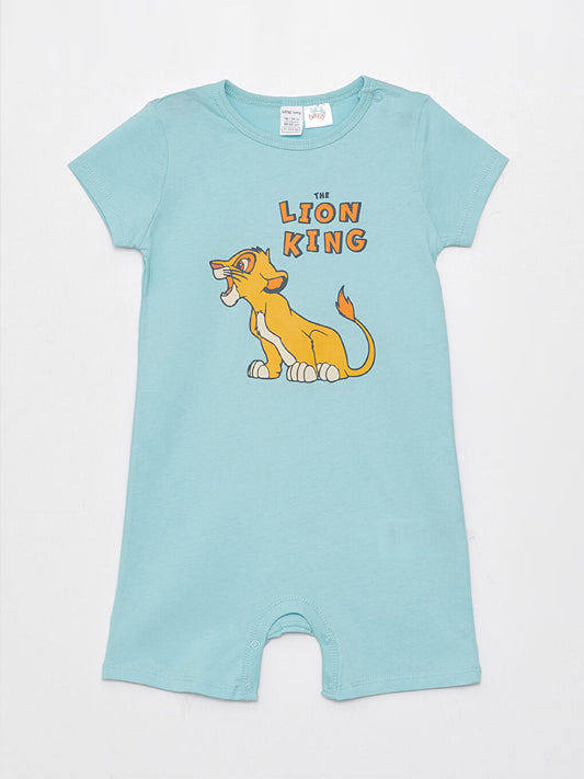 Turquoise Crew Neck Short Sleeve Lion King Printed Baby Boy Jumpsuit 2-Pack