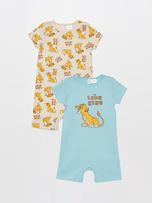 LC Waikiki Turquoise Crew Neck Short Sleeve Lion King Printed Baby Boy Jumpsuit 2-Pack