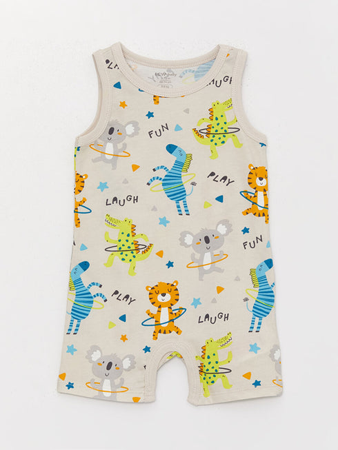 LC Waikiki Turquoise Crew Neck Printed Baby Boy Jumpsuit 2-Pack