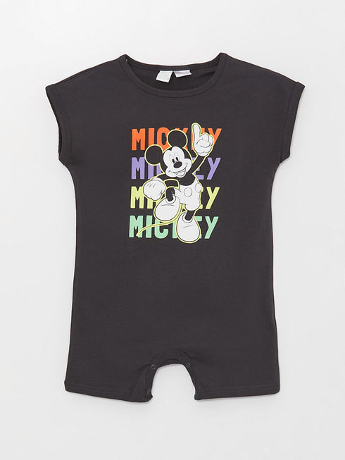 LC Waikiki Anthracite Crew Neck Short Sleeve Mickey Mouse Printed Baby Boy Jumpsuit