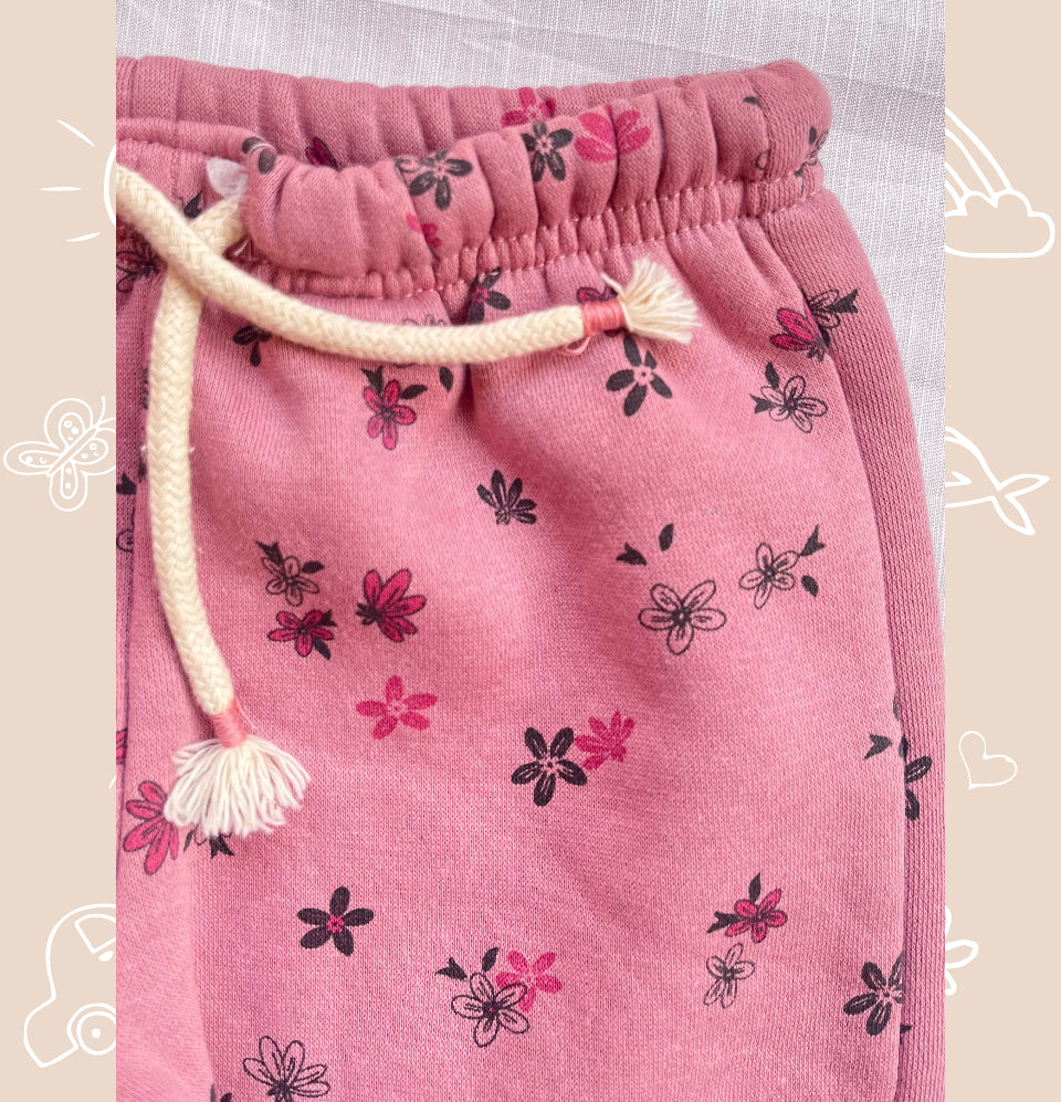 Tea pink flowers print fleece Trouser for girls