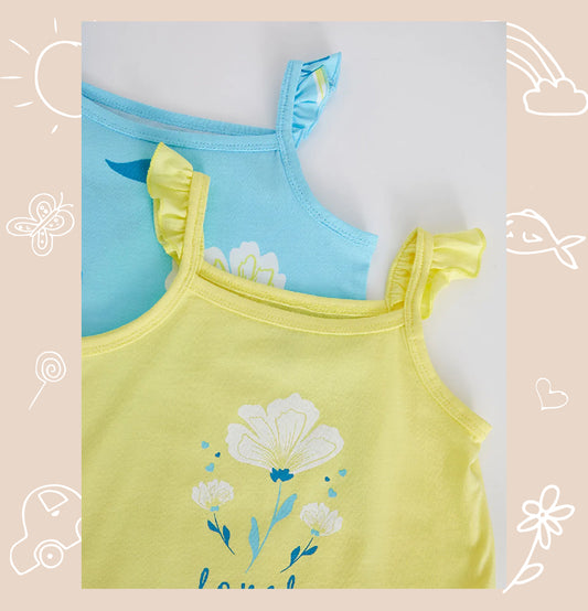 Yellow Square Neck Strap Printed Cotton Baby Girl Jumpsuit 2-Pack