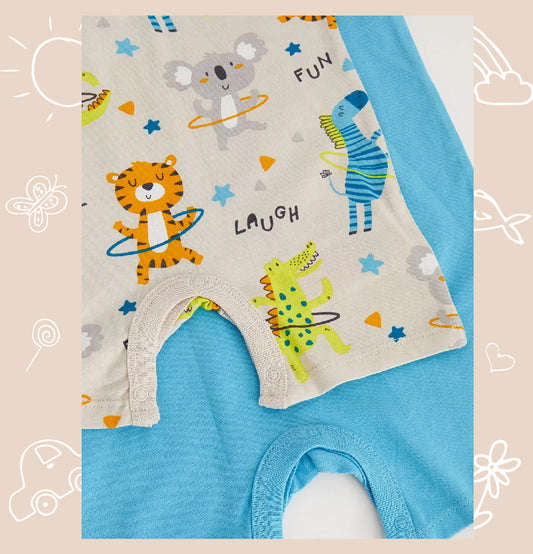 Turquoise Crew Neck Printed Baby Boy Jumpsuit 2-Pack