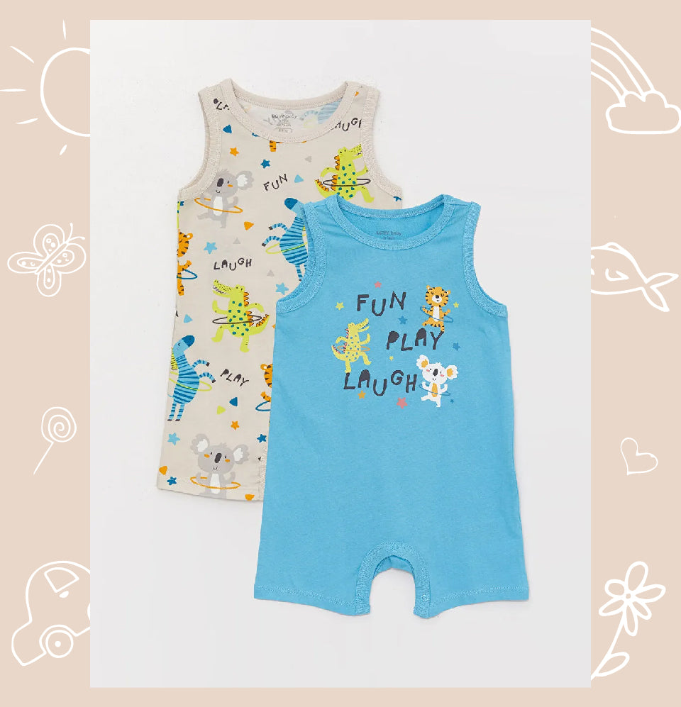 Turquoise Crew Neck Printed Baby Boy Jumpsuit 2-Pack