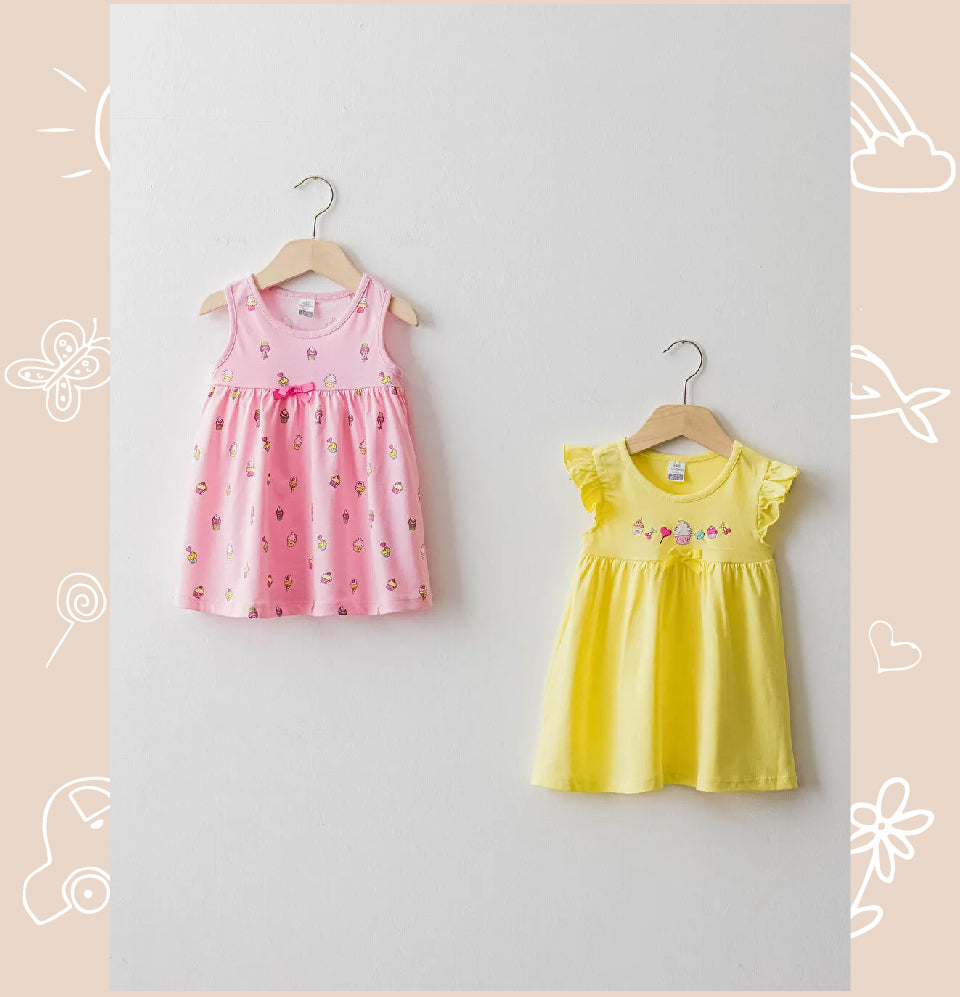 Pink Crew Neck Printed Baby Girl Dress 2-Pack