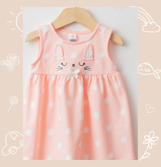 Pink Crew Neck Printed Cotton Baby Girl Dress