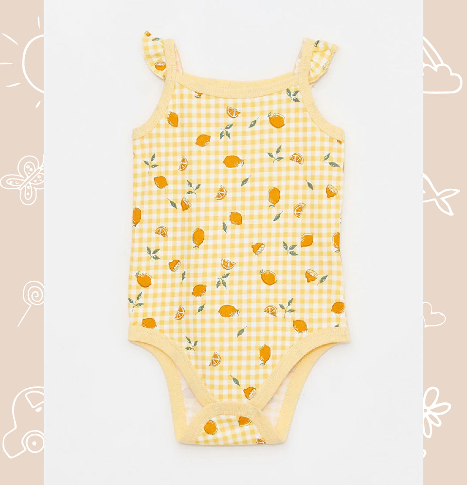 Yellow Square Neck Strappy Cotton Printed Baby Girl Snap Bodysuit 2-Pack