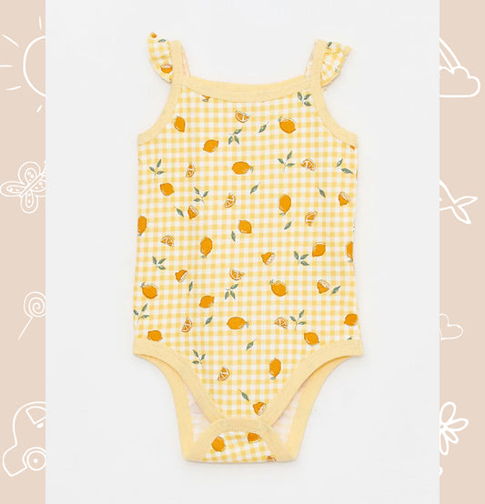 Yellow Square Neck Strappy Cotton Printed Baby Girl Snap Bodysuit 2-Pack