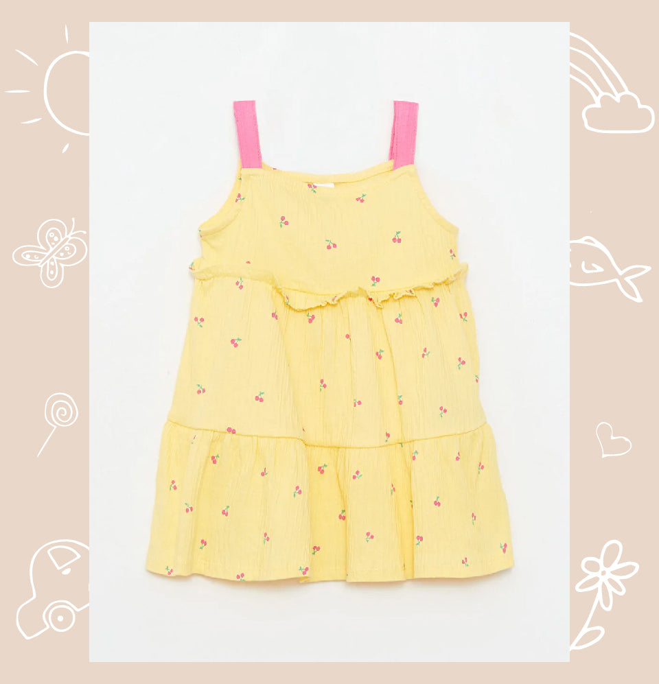 Yellow Square Neck Strap Printed Baby Girl Dress