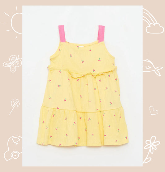 Yellow Square Neck Strap Printed Baby Girl Dress