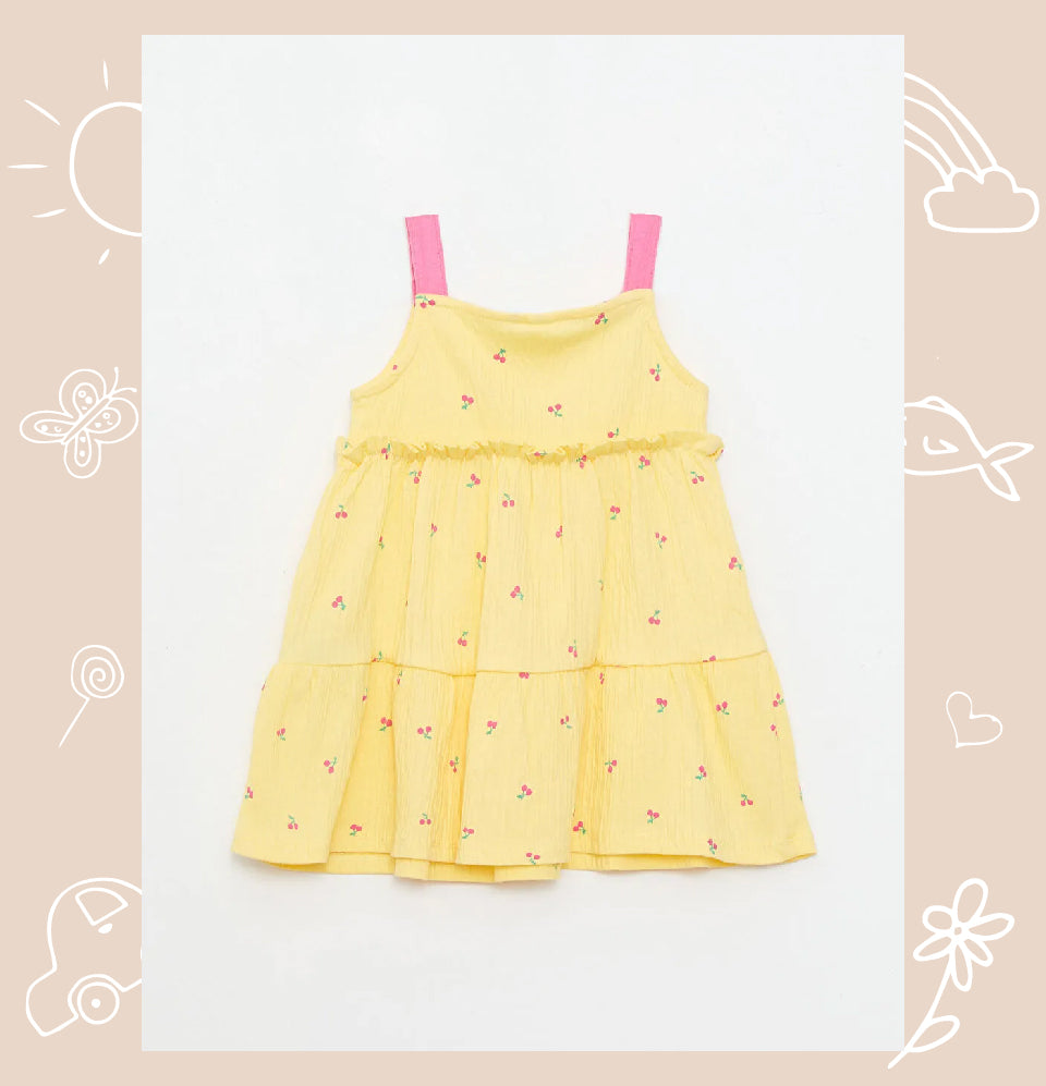 Yellow Square Neck Strap Printed Baby Girl Dress