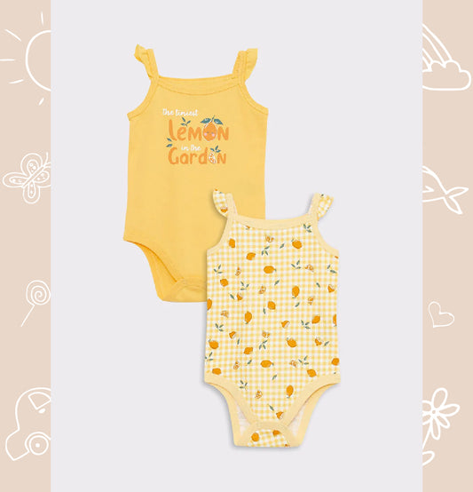 Yellow Square Neck Strappy Cotton Printed Baby Girl Snap Bodysuit 2-Pack