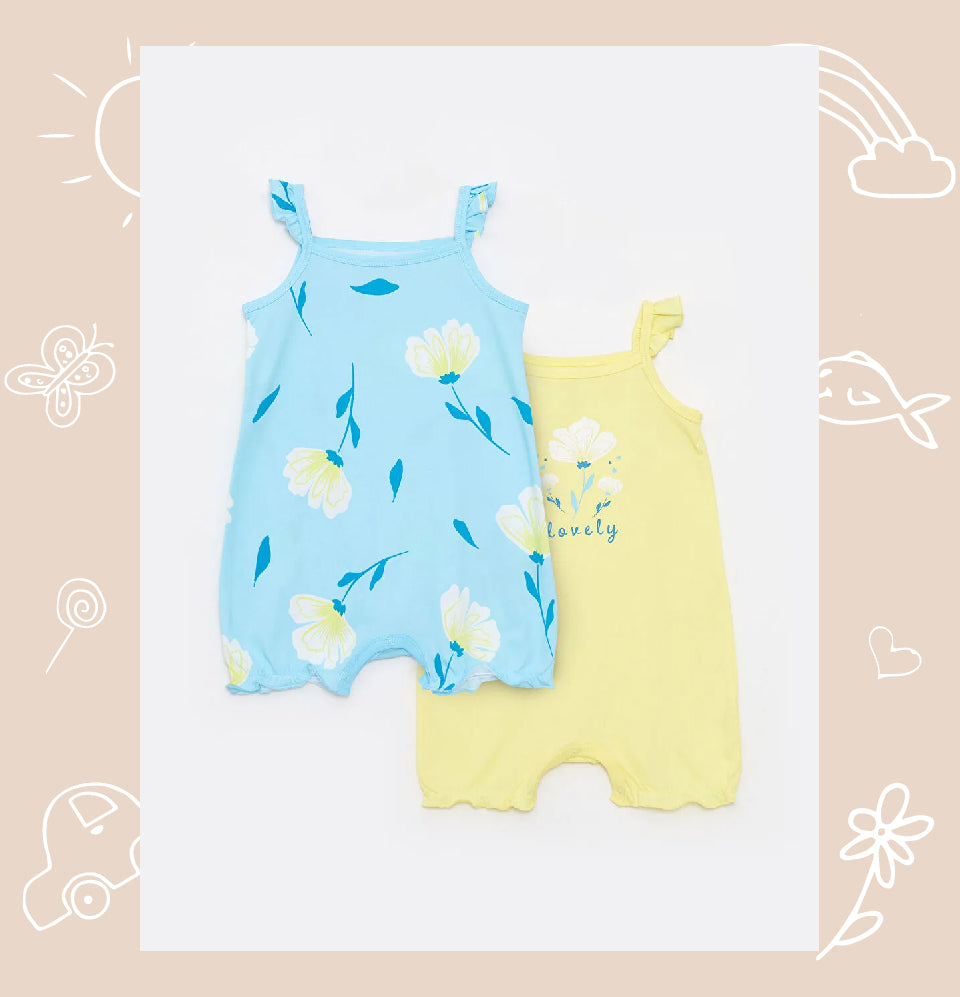 Yellow Square Neck Strap Printed Cotton Baby Girl Jumpsuit 2-Pack