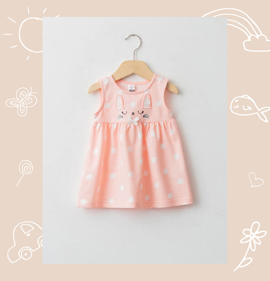 Pink Crew Neck Printed Cotton Baby Girl Dress