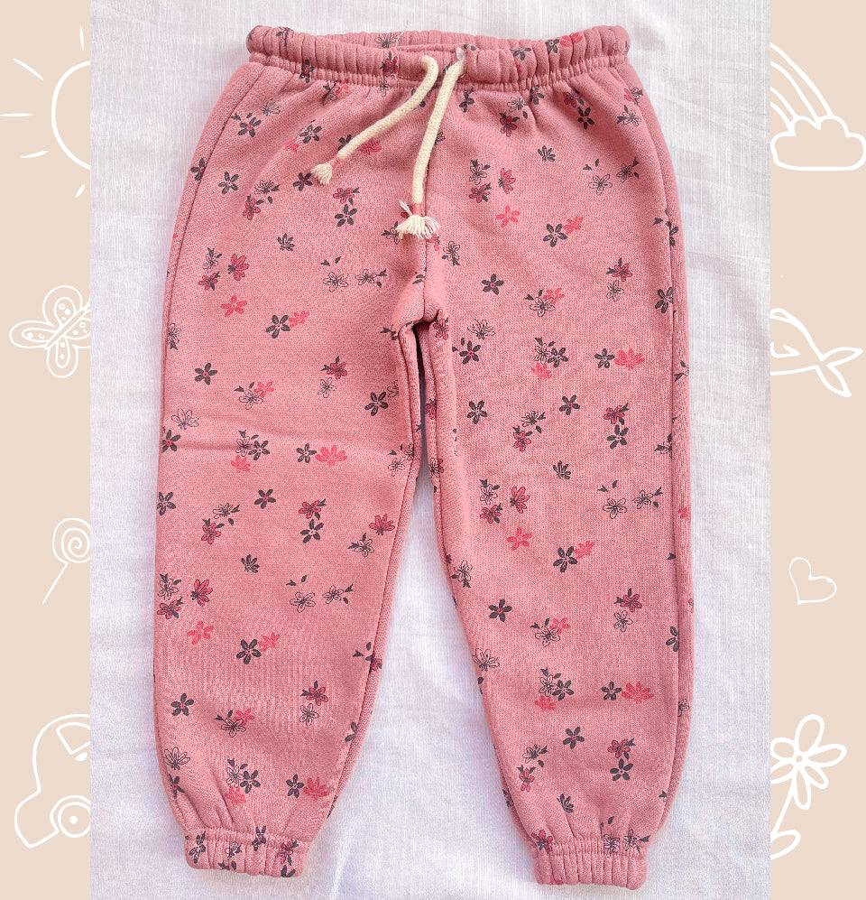 Tea pink flowers print fleece Trouser for girls