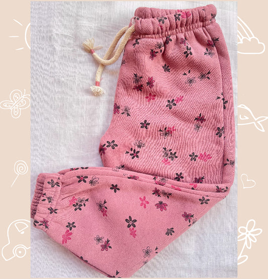 Tea pink flowers print fleece Trouser for girls